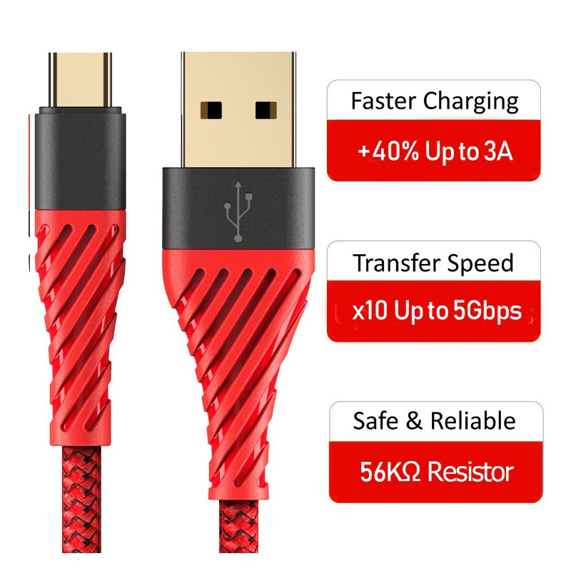USB C-kabel 3.0, USB-typ C-kabel Snabbladdning USB till mobiltelefonkabel för Samsung Galaxy S8, S9 Plus, Obs 8, LG v20, G6, G5, v30, Google Pixel 2 XL, Nexus 6-3 Pack Röd